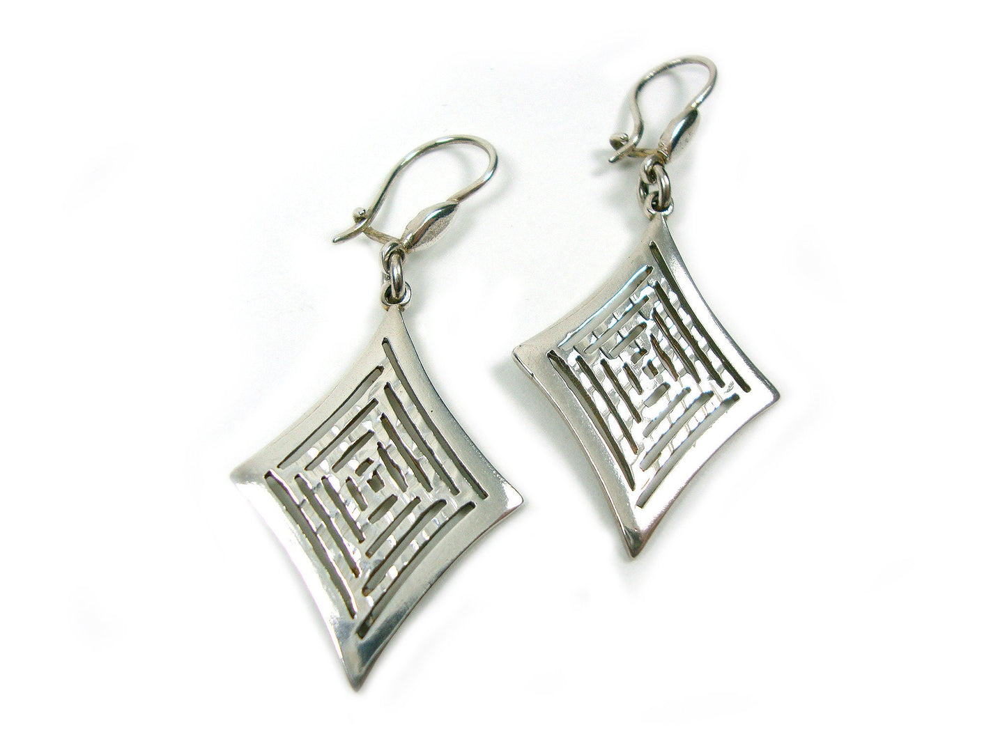 Sterling Silver 925 Greek Eternity Key Rombus Dangle Hammered Earrings 23x33mm, boucles d'oreilles Grecque, Griechische Silber Ohrringe