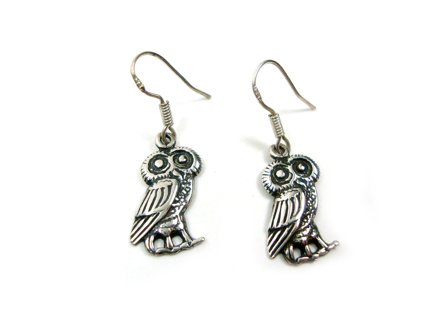 Sterling Silver 925 Ancient Greek Goddess Athena's Owl Dangle Earrings 20x9mm ,Griechische Ohrringe Eule, Boucles d'oreilles Hibou Grecque