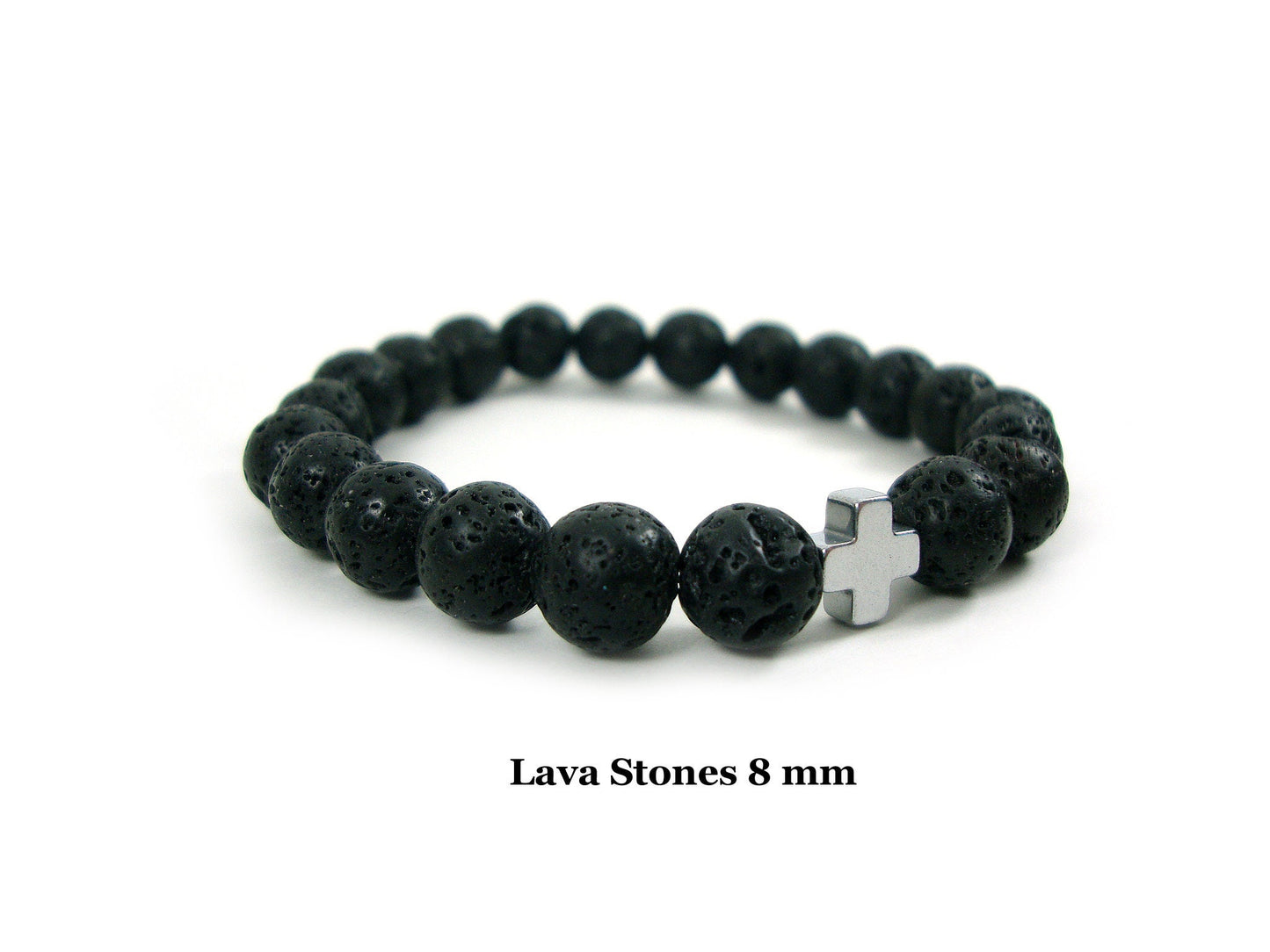 Greek Santorini Volcanic Lava Stones & Hematite Cross Bracelet, Volcanic Lava Bracelet, Men - Women Lava Bracelet, Lava Cross Bracelet, Lava