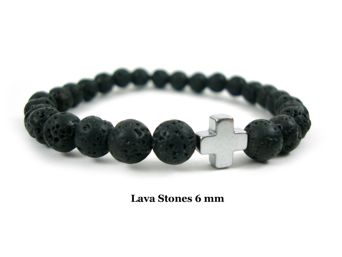 Greek Santorini Volcanic Lava Stones & Hematite Cross Bracelet, Volcanic Lava Bracelet, Men - Women Lava Bracelet, Lava Cross Bracelet, Lava
