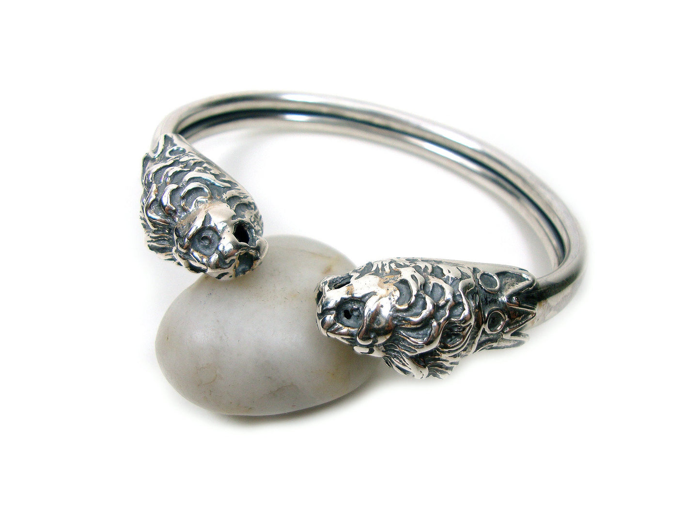Sterling Silver 925 Greek BIG Double Lions Bangle Bracelet - Lion Head Bracelet - Löwenkopf Griechische Silber Armband - A tête de lion