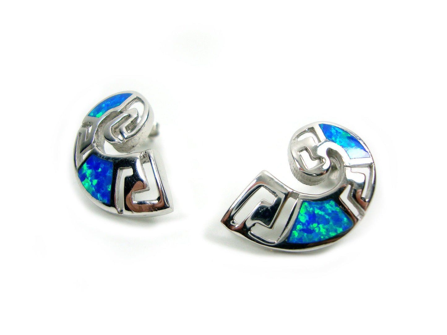 Sterling Silver 925 Greek Earrings , Nautilus Greek Key Spiral Fire Blue Opal Stone Round Dangle Earrings , Griechische Ohrringe Opal