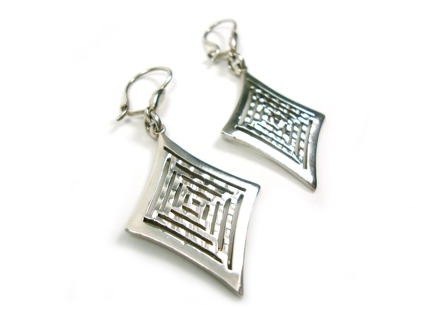 Sterling Silver 925 Greek Eternity Key Rombus Dangle Hammered Earrings 23x33mm, boucles d'oreilles Grecque, Griechische Silber Ohrringe
