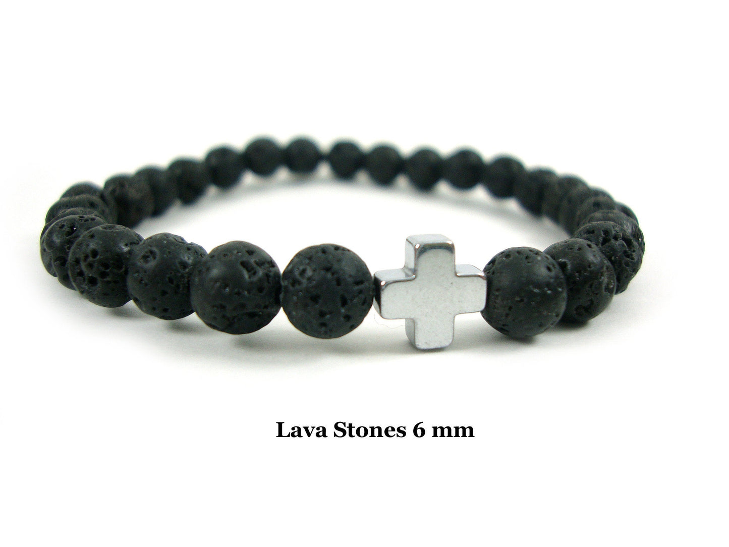 Greek Santorini Volcanic Lava Stones & Hematite Cross Bracelet, Volcanic Lava Bracelet, Men - Women Lava Bracelet, Lava Cross Bracelet, Lava