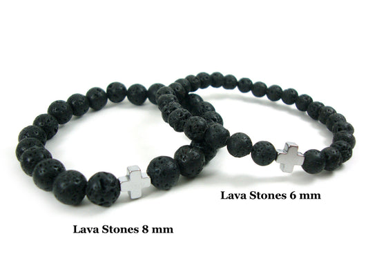 Greek Santorini Volcanic Lava Stones & Hematite Cross Bracelet, Volcanic Lava Bracelet, Men - Women Lava Bracelet, Lava Cross Bracelet, Lava