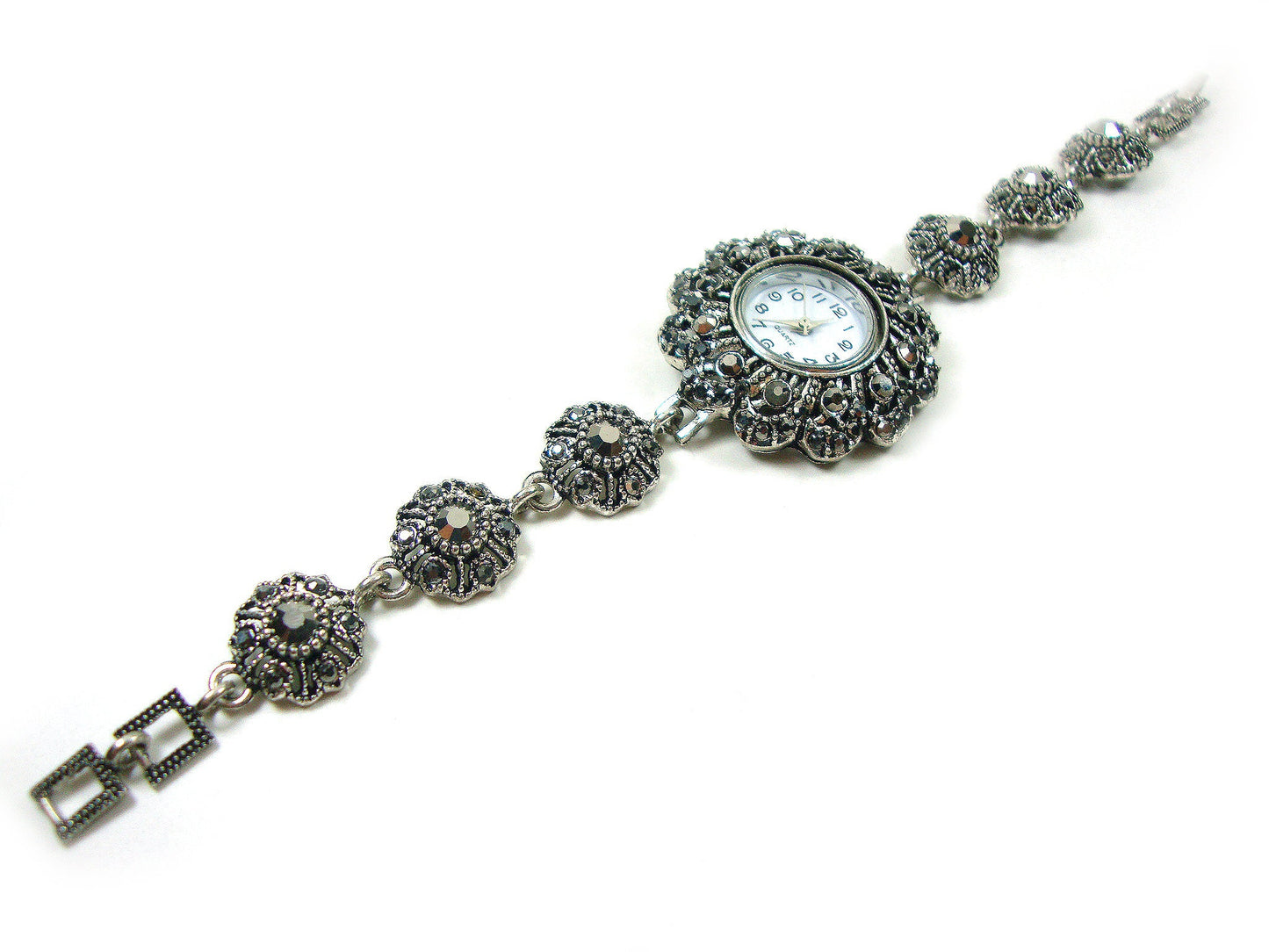 Greek Byzantine Modern Watch ,Gray Silver Crystals Quartz Round Ethnic Watch, Turkish Bracelet Watch, Greek Jewelry, Greek Turkish Jewelry