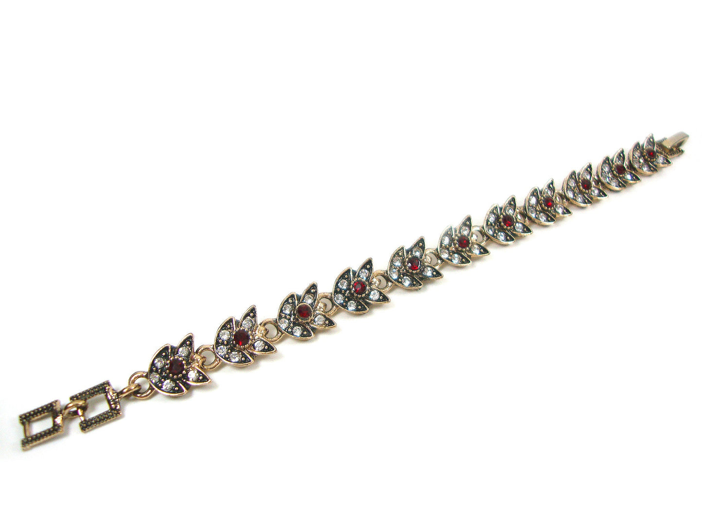 Turkish Jewelry Bracelet Red-White Crystals Modern Leaf Shape Bracelet, Ethnic Antique Bracelet, Turkish Bracelet Traditional Jewelry