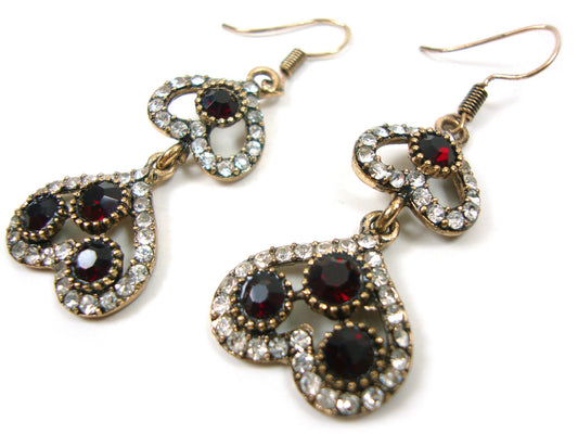 Byzantine Earrings, Modern Style Dark Red Crystal Stones Dangle Heart Shape Earrings, Ethnic Antique Earrings, Greek Turkish Earrings Dangle