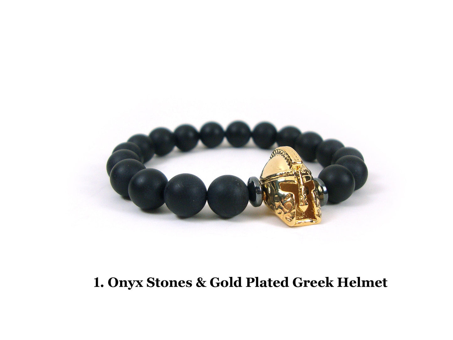 FREE SHIPPING Natural Black Matt Onyx 8mm & Ancient Greek Helmet Bracelet, Greek Spartan Helmet Bracelet, Unisex Onyx Black Stones Bracelet