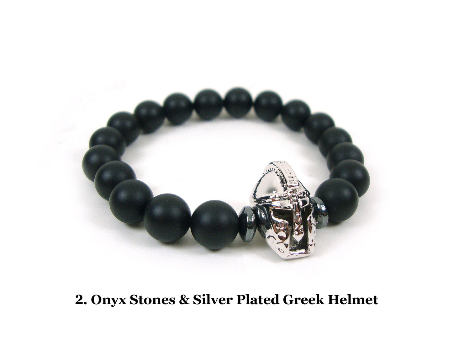 FREE SHIPPING Natural Black Matt Onyx 8mm & Ancient Greek Helmet Bracelet, Greek Spartan Helmet Bracelet, Unisex Onyx Black Stones Bracelet