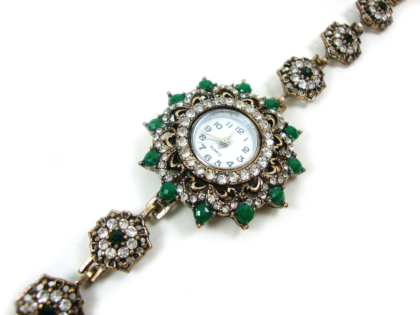 Greek Byzantine Watch Green-White Crystals Quartz Watch , Turkish Bracelet Watch, Greek Jewelry, Turkish Jewelry, Byzantine Jewelry Bracelet