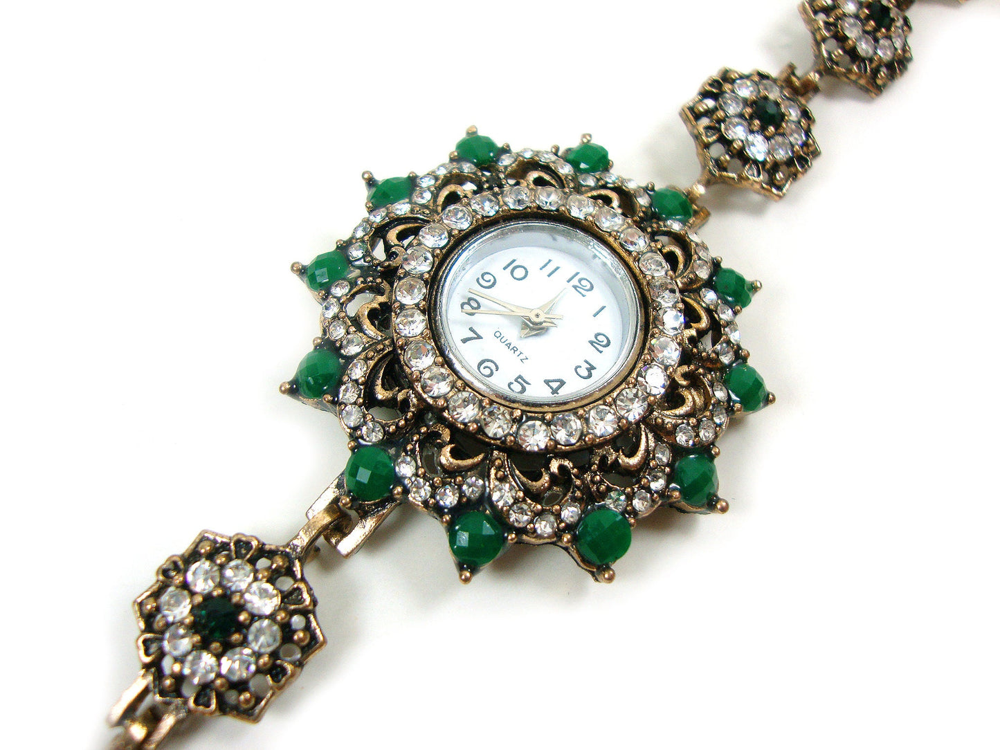 Greek Byzantine Watch Green-White Crystals Quartz Watch , Turkish Bracelet Watch, Greek Jewelry, Turkish Jewelry, Byzantine Jewelry Bracelet