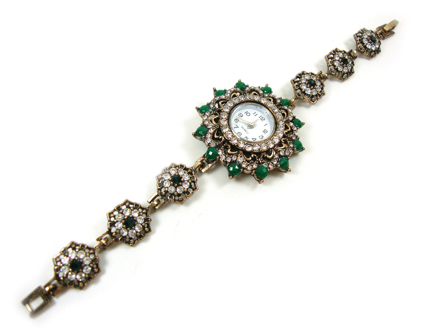 Greek Byzantine Watch Green-White Crystals Quartz Watch , Turkish Bracelet Watch, Greek Jewelry, Turkish Jewelry, Byzantine Jewelry Bracelet