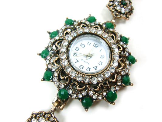 Greek Byzantine Watch Green-White Crystals Quartz Watch , Turkish Bracelet Watch, Greek Jewelry, Turkish Jewelry, Byzantine Jewelry Bracelet