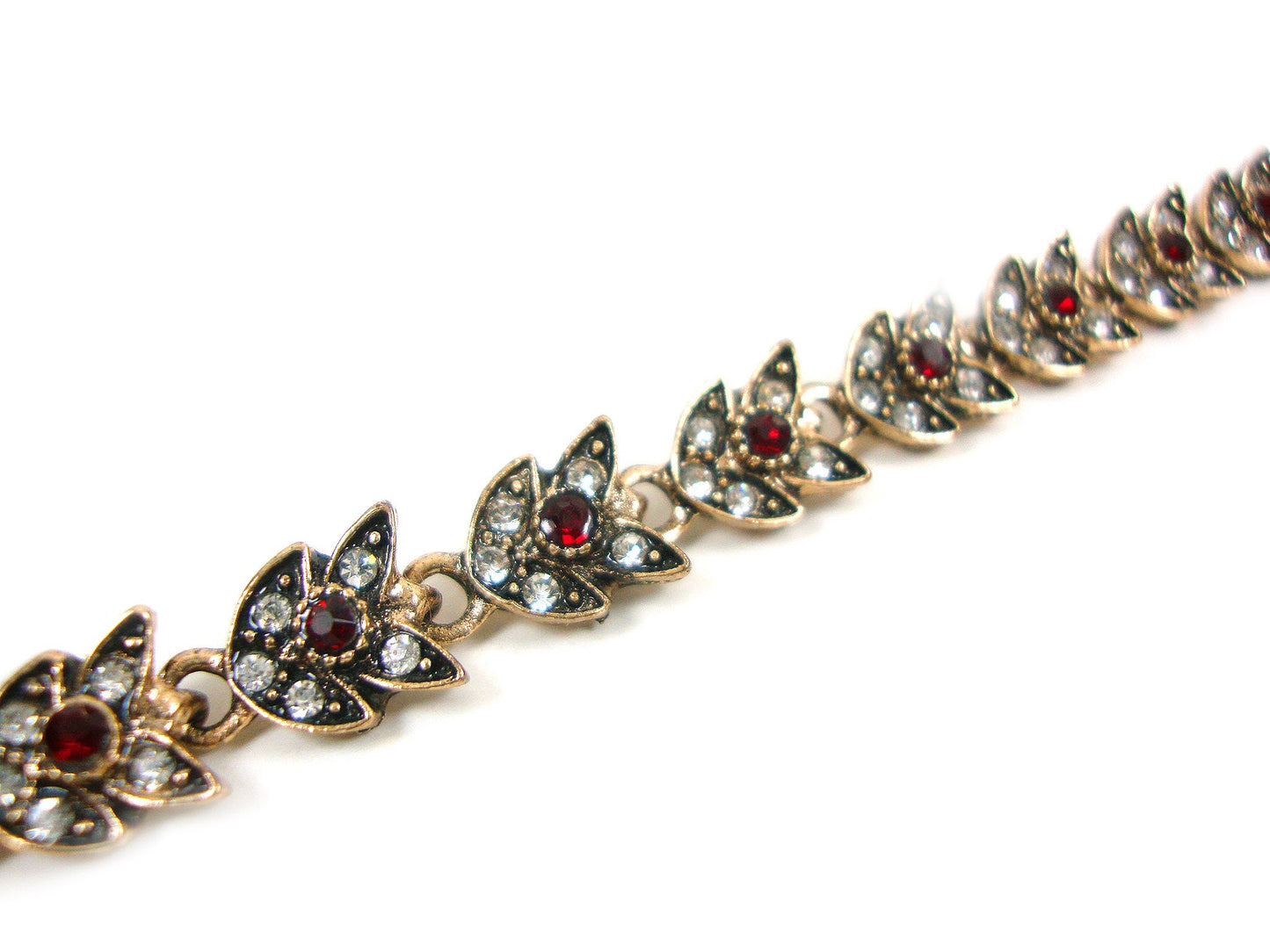 Turkish Jewelry Bracelet Red-White Crystals Modern Leaf Shape Bracelet, Ethnic Antique Bracelet, Turkish Bracelet Traditional Jewelry