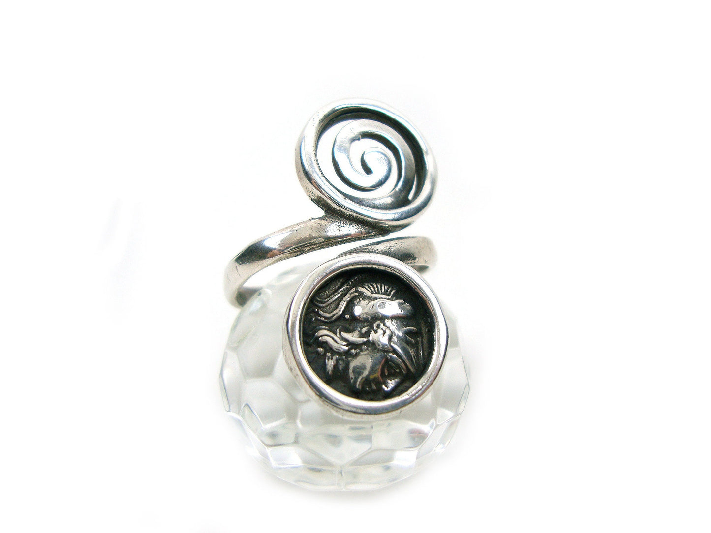 Sterling Silver 925 Ancient Greek Spiral Swirl Vortex 13mm& Goddess Athena Greek Coin 13mm Adjustable Ring, Greek Silver Ring, Greek Jewelry