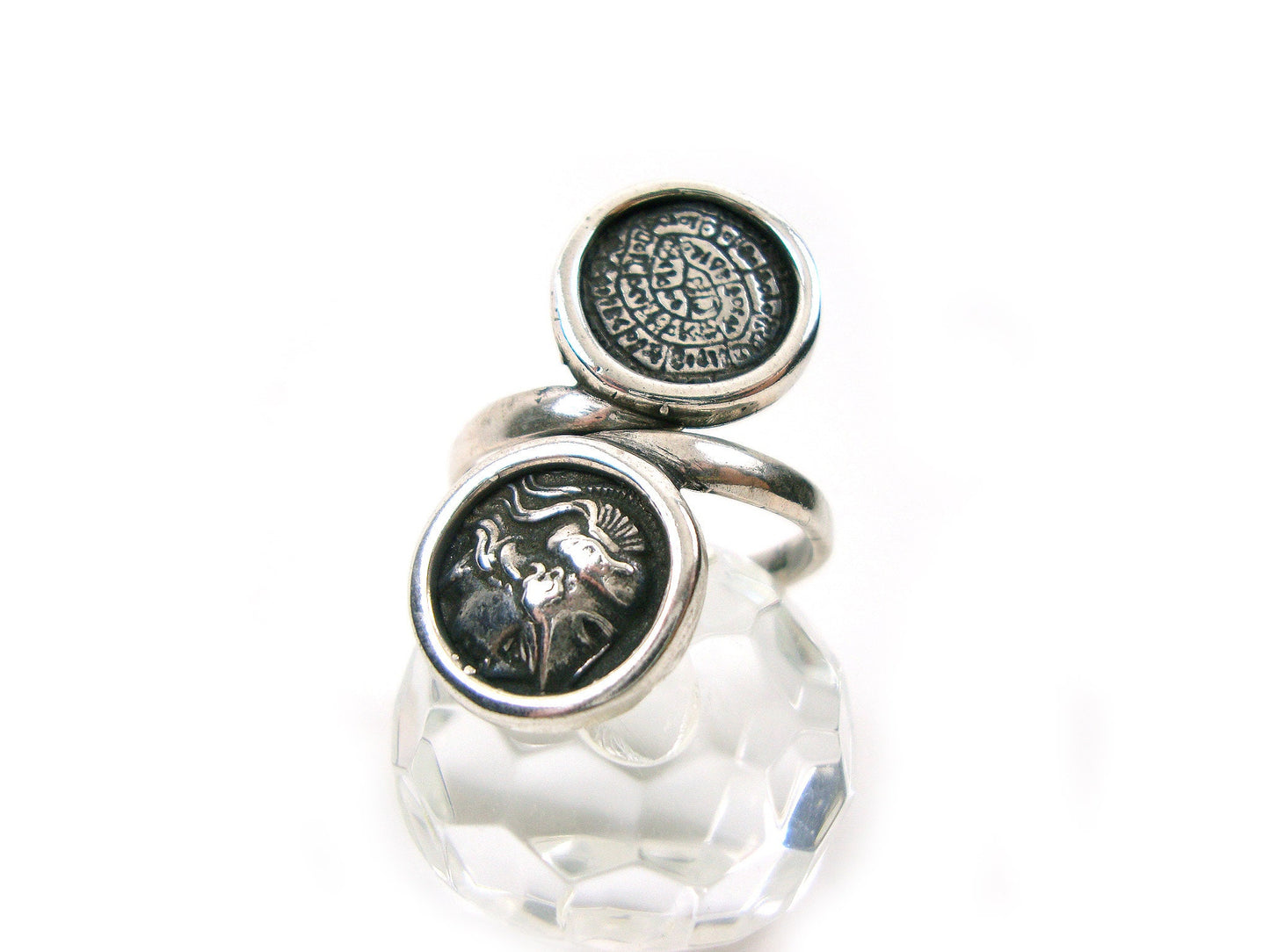 Sterling Silver 925 Phaistos Disc Greek Minoan 13mm & Goddess Athena Greek Coin 13mm Adjustable Ring, Greek Silver Ring, Greek Jewelry