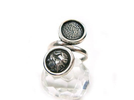 Sterling Silver 925 Phaistos Disc Greek Minoan 13mm & Goddess Athena Greek Coin 13mm Adjustable Ring, Greek Silver Ring, Greek Jewelry
