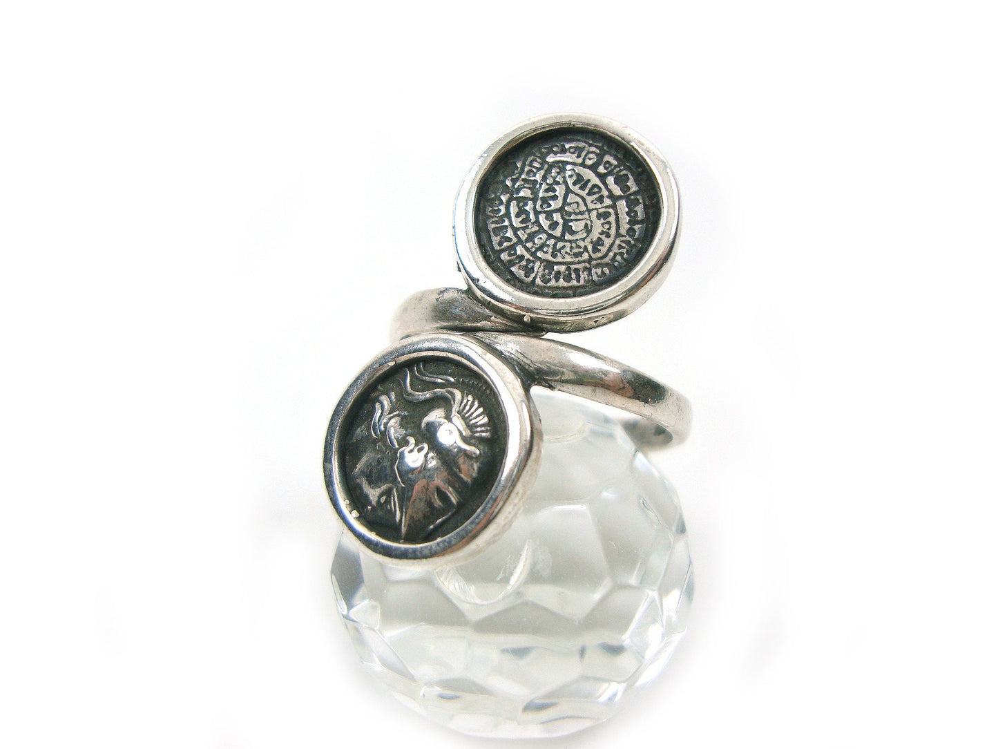 Sterling Silver 925 Phaistos Disc Greek Minoan 13mm & Goddess Athena Greek Coin 13mm Adjustable Ring, Greek Silver Ring, Greek Jewelry