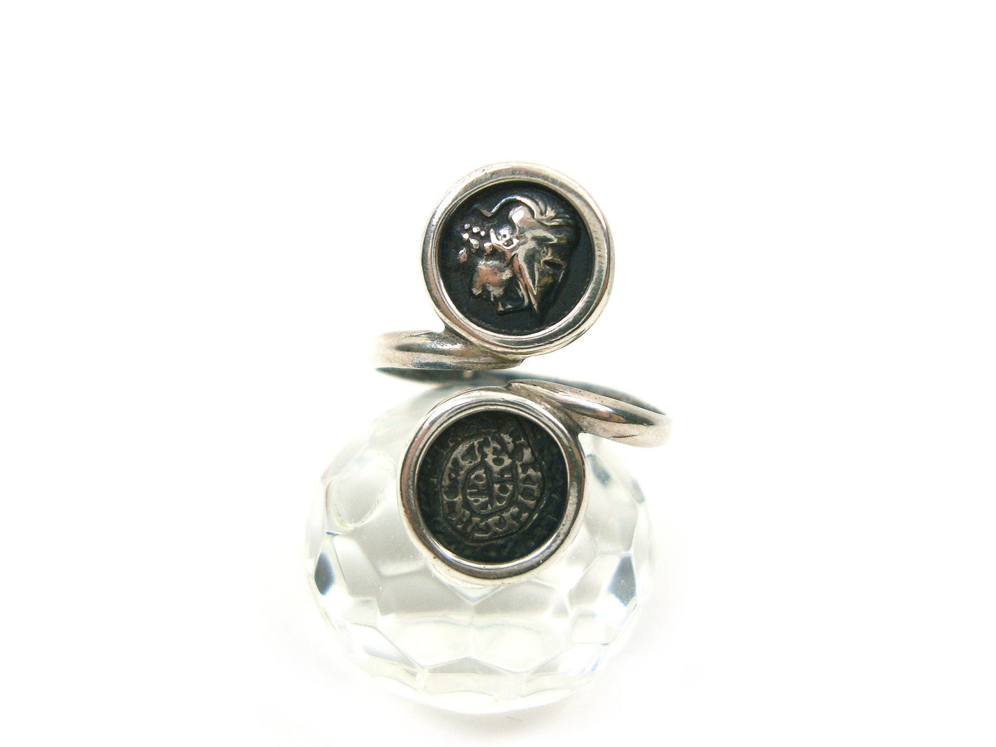 Sterling Silver 925 Phaistos Disc Greek Minoan 10mm & Goddess Athena Greek Coin 10mm Adjustable Ring, Greek Silver Ring, Greek Jewelry