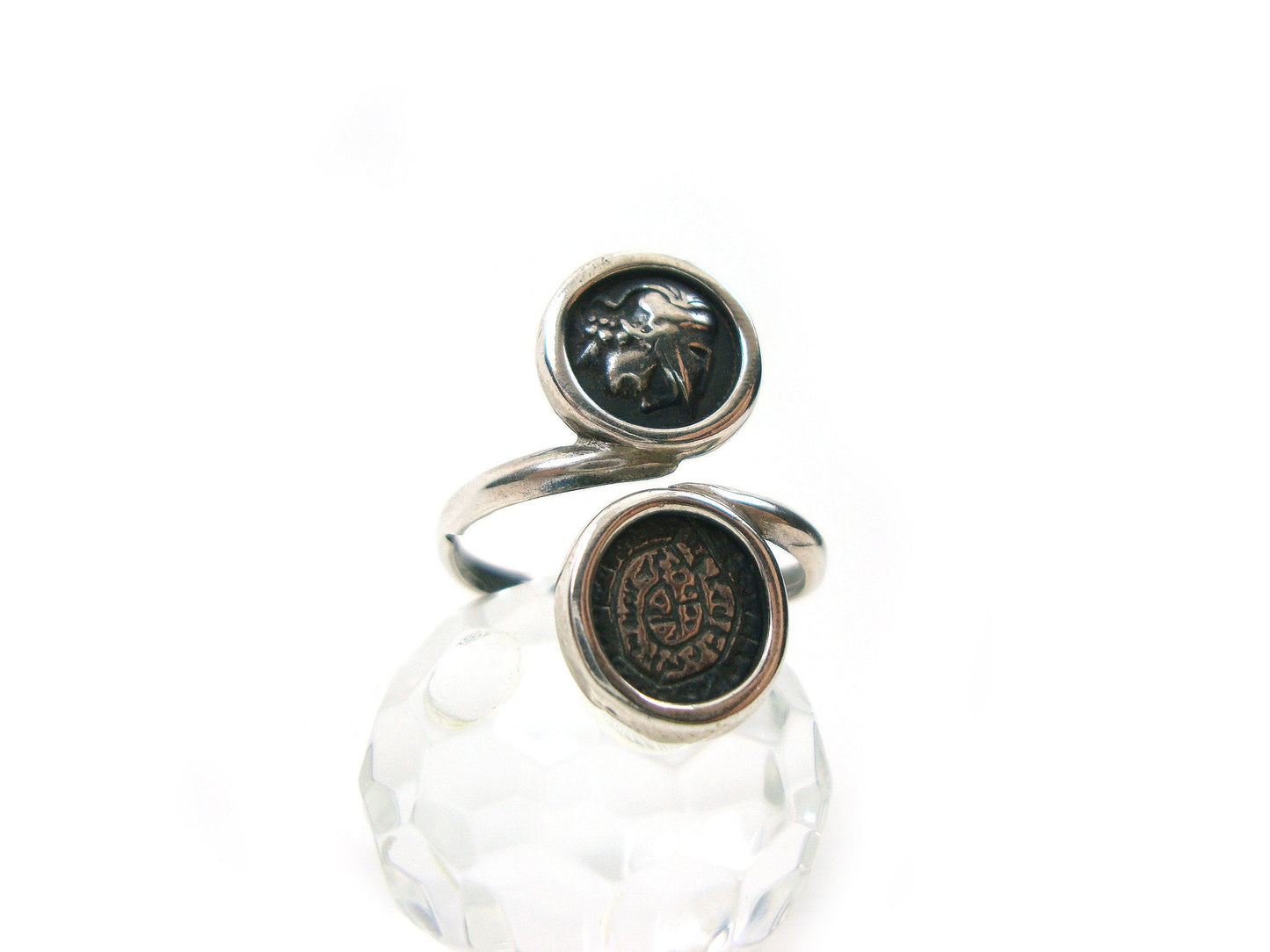 Sterling Silver 925 Phaistos Disc Greek Minoan 10mm & Goddess Athena Greek Coin 10mm Adjustable Ring, Greek Silver Ring, Greek Jewelry