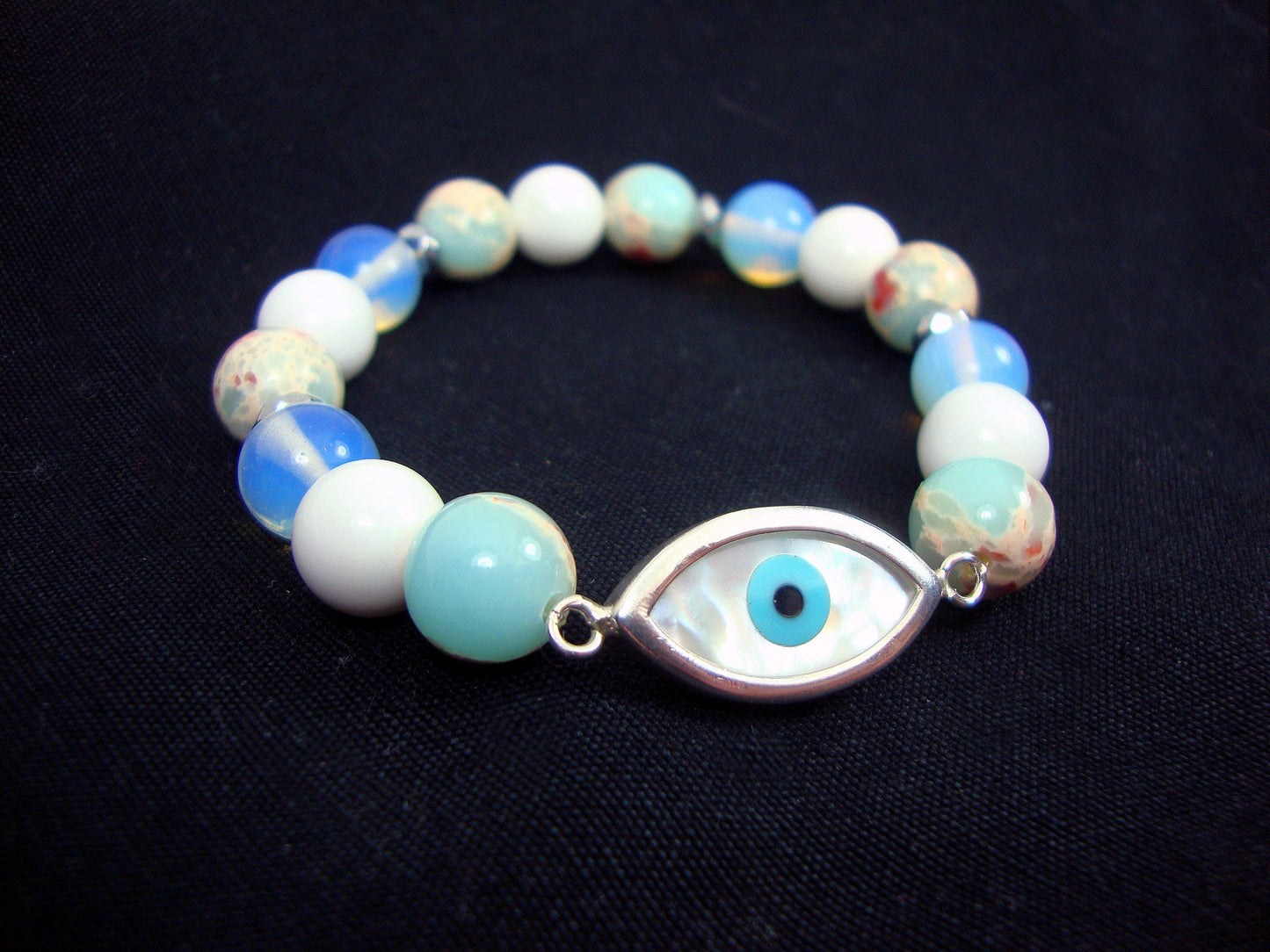 Sterling Silver 925 Evil Eye 12x23mm - Earth Blue Agate - Moonstone - White Onyx 10mm Stretch Bracelet,