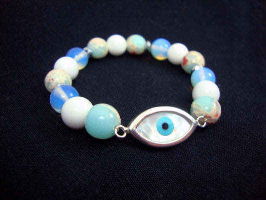 Sterling Silver 925 Evil Eye 12x23mm - Earth Blue Agate - Moonstone - White Onyx 10mm Stretch Bracelet,