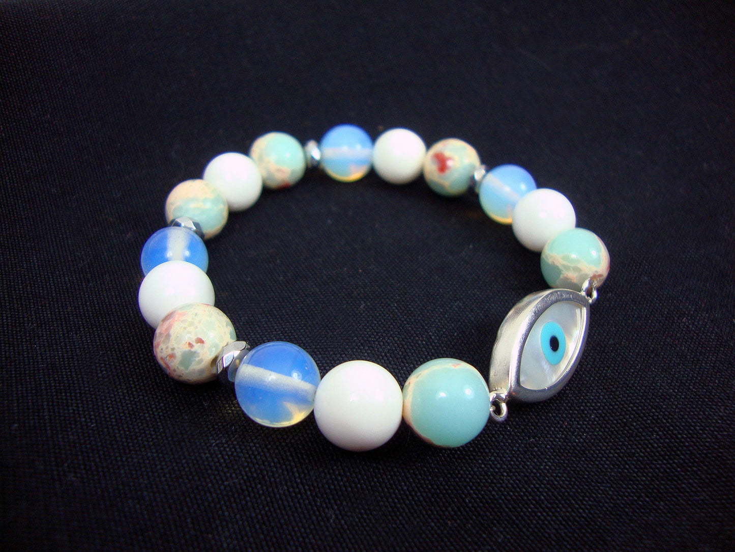 Sterling Silver 925 Evil Eye 12x23mm - Earth Blue Agate - Moonstone - White Onyx 10mm Stretch Bracelet,