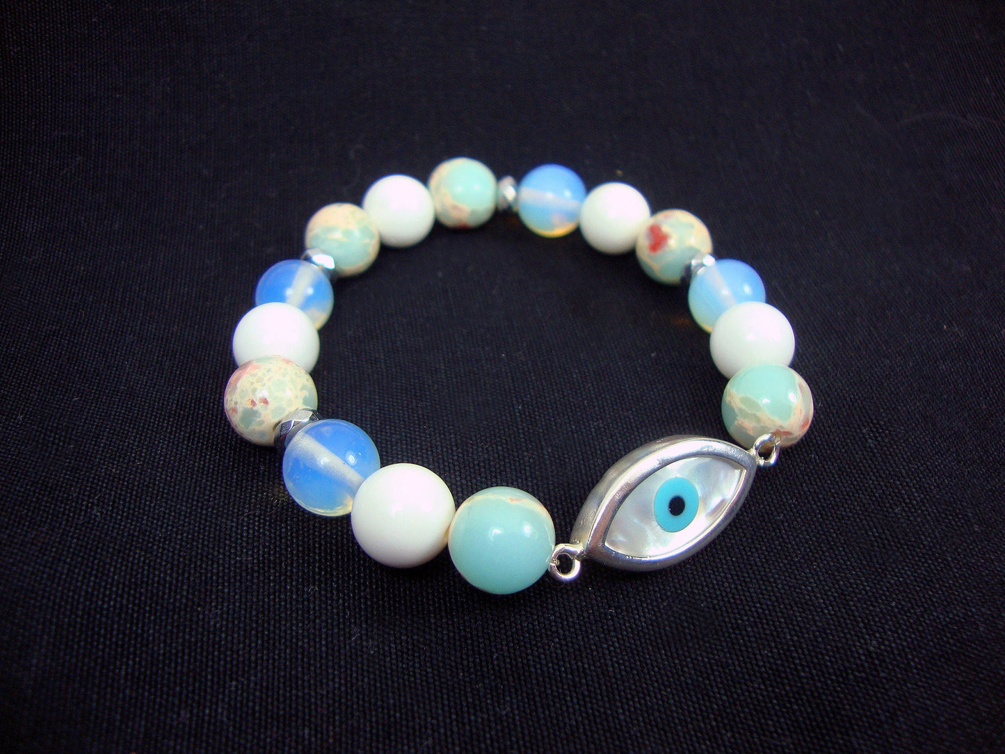 Sterling Silver 925 Evil Eye 12x23mm - Earth Blue Agate - Moonstone - White Onyx 10mm Stretch Bracelet,