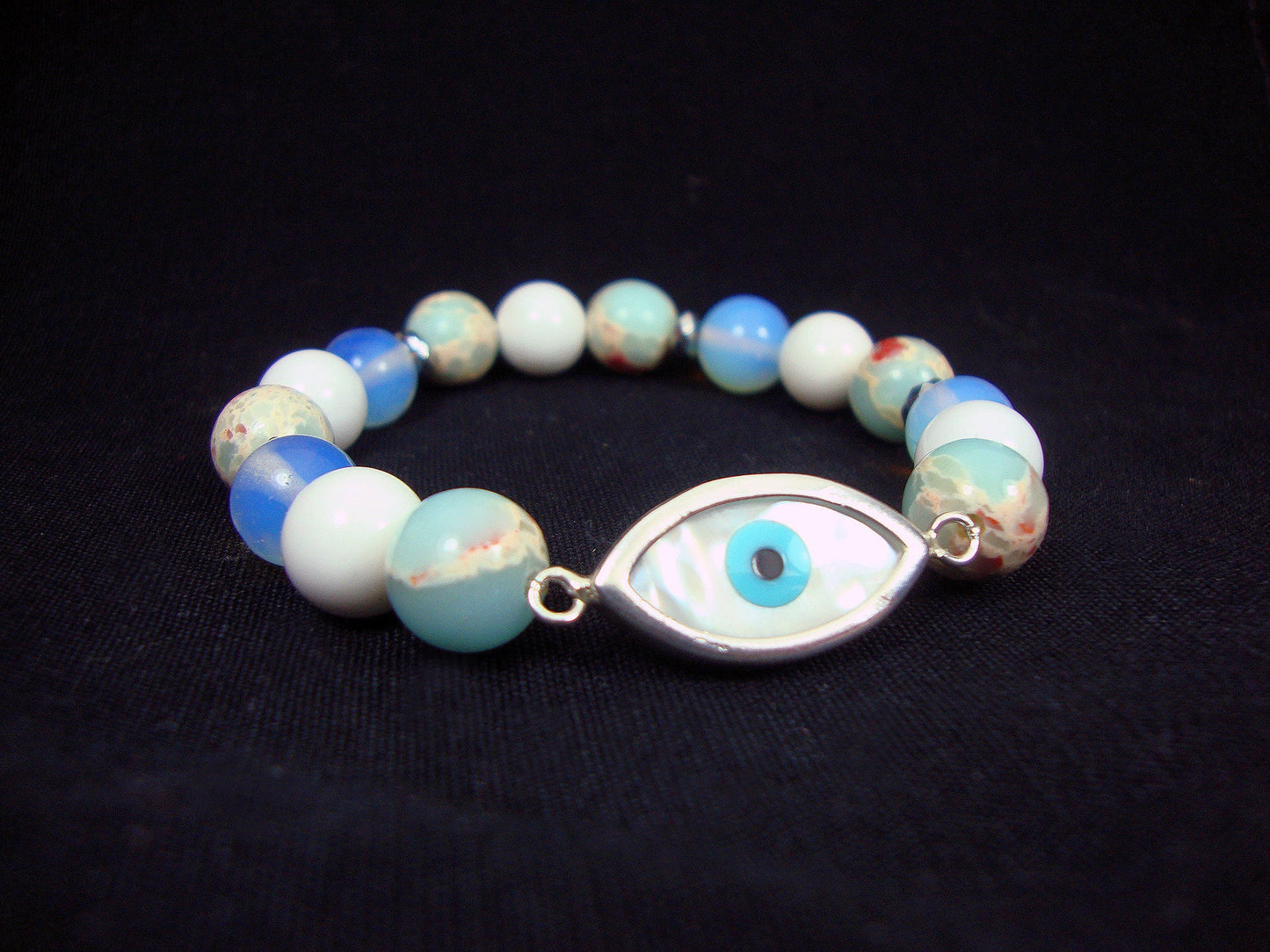 Sterling Silver 925 Evil Eye 12x23mm - Earth Blue Agate - Moonstone - White Onyx 10mm Stretch Bracelet,