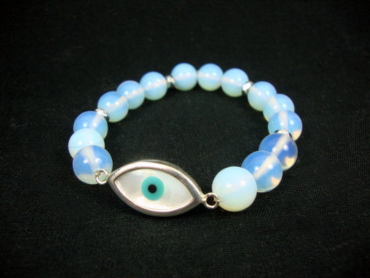 Sterling Silver 925 Evil Eye 12x23mm - Moonstone  10mm Stretch Greek Bracelet, Greek Evil Eye Bracelet, Evil Eye Bracelet, Greek Jewelry