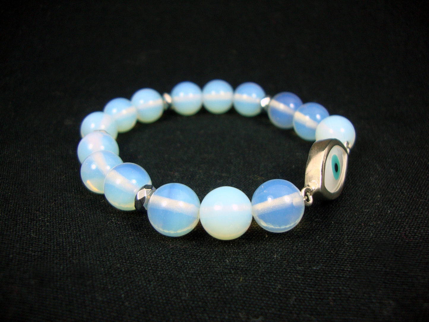 Sterling Silver 925 Evil Eye 12x23mm - Moonstone  10mm Stretch Greek Bracelet, Greek Evil Eye Bracelet, Evil Eye Bracelet, Greek Jewelry