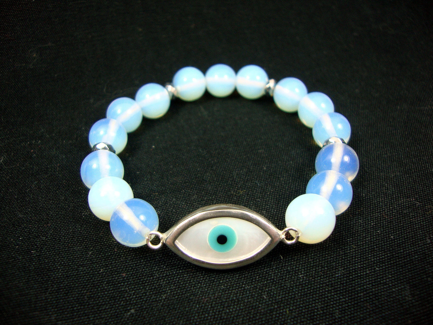 Sterling Silver 925 Evil Eye 12x23mm - Moonstone  10mm Stretch Greek Bracelet, Greek Evil Eye Bracelet, Evil Eye Bracelet, Greek Jewelry