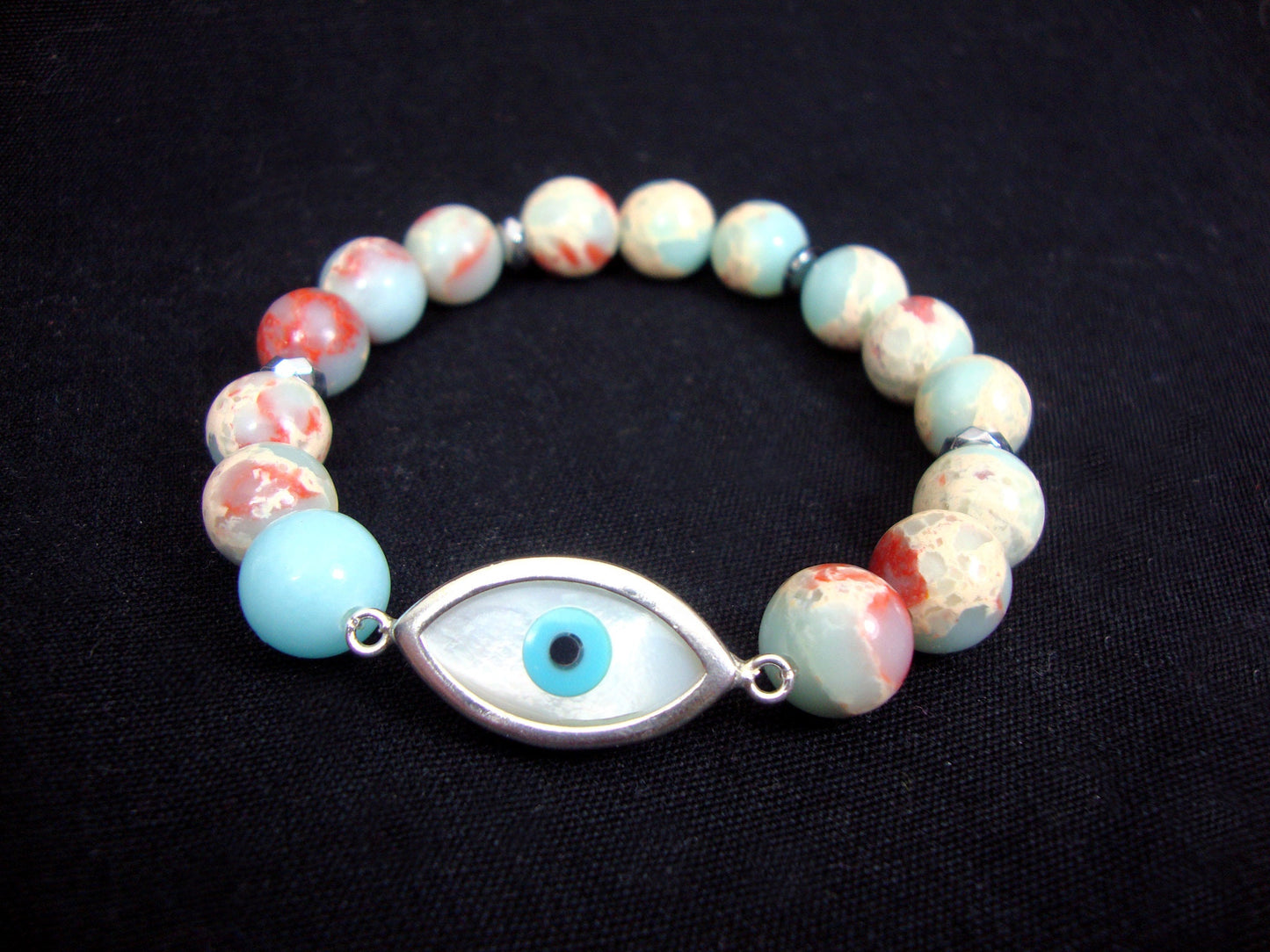 Sterling Silver 925 Evil Eye 12x23mm - Earth Blue Agate 10mm Stretch Bracelet, Greek Evil Eye Bracelet, Mati Bracelet, Blue Agate Bracelet