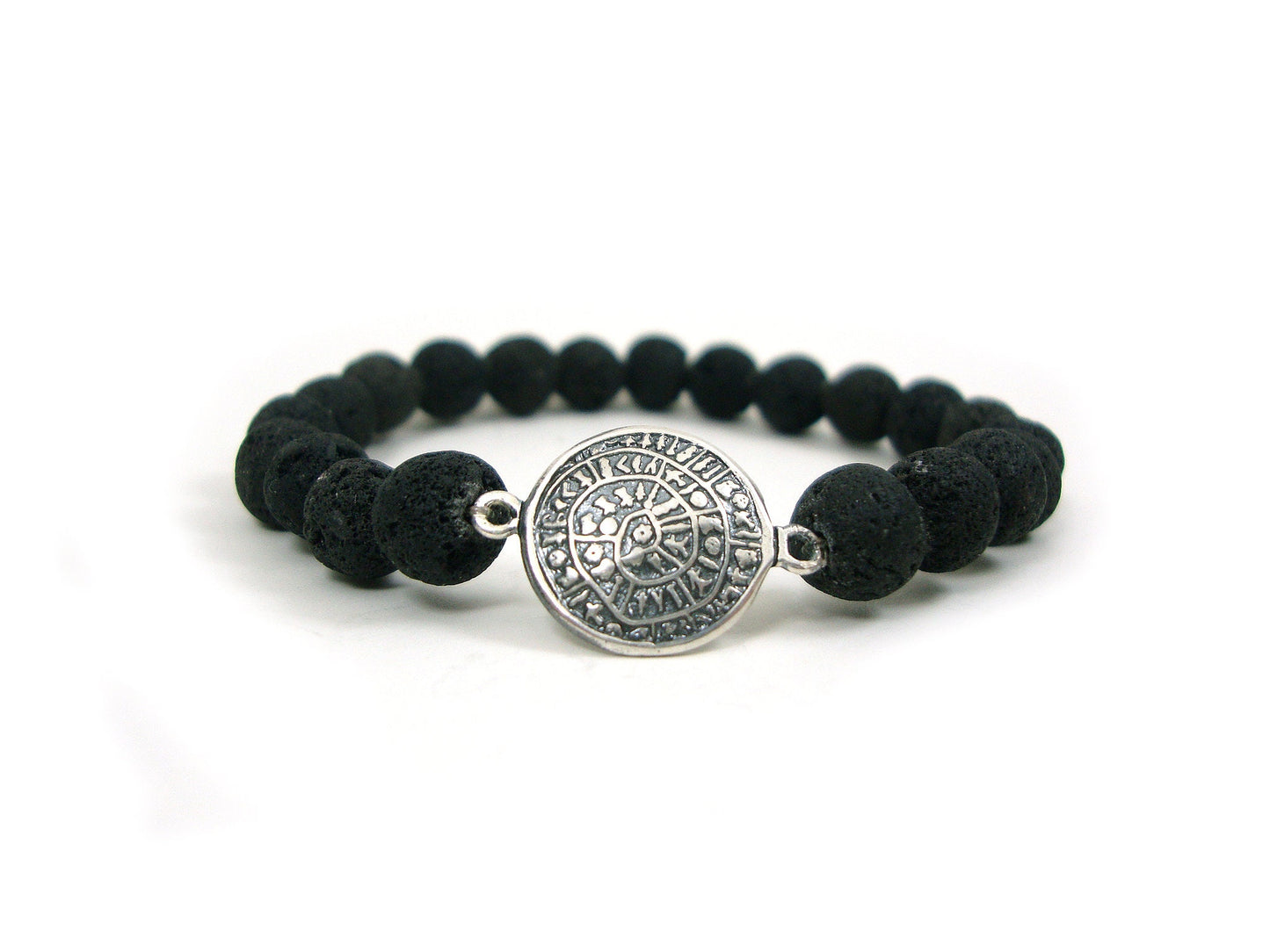 Santorini Greek Volcanic Rough Matt Lava Stones 8mm & Sterling Silver 925 Phaistos Disc 14mm Stretch Bracelet, Lava Bracelet, Santorini Lava