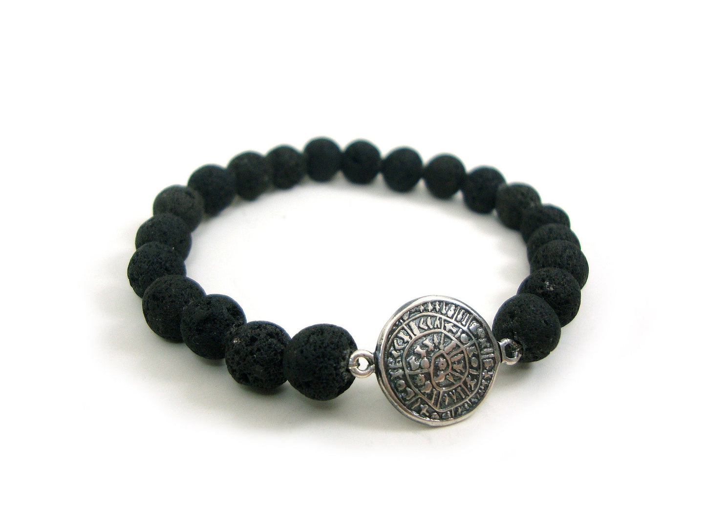 Santorini Greek Volcanic Rough Matt Lava Stones 8mm & Sterling Silver 925 Phaistos Disc 14mm Stretch Bracelet, Lava Bracelet, Santorini Lava