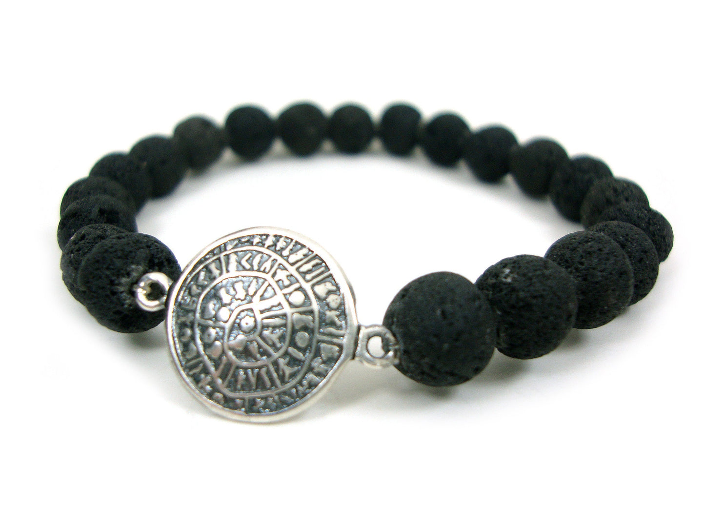 Santorini Greek Volcanic Rough Matt Lava Stones 8mm & Sterling Silver 925 Phaistos Disc 14mm Stretch Bracelet, Lava Bracelet, Santorini Lava