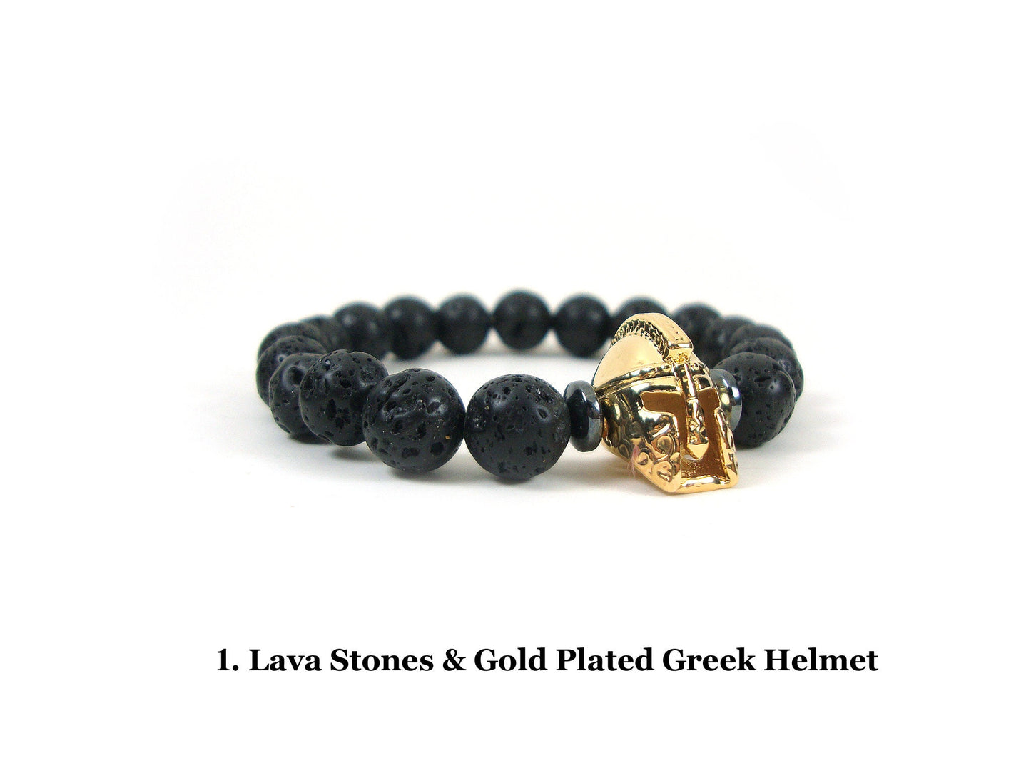 Santorini Natural Black Volcanic Lava 8mm & Ancient Greek Helmet Bracelet, Greek Lava Bracelet, Unisex Volcanic Lava Bracelet