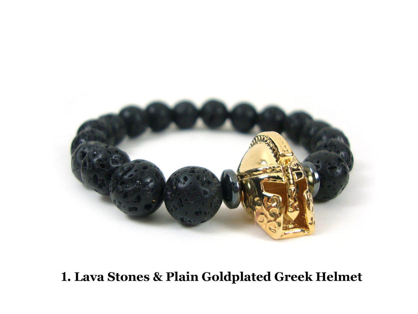Santorini Natural Black Volcanic Lava 8mm & Ancient Greek Helmet Bracelet, Greek Lava Bracelet, Unisex Volcanic Lava Bracelet