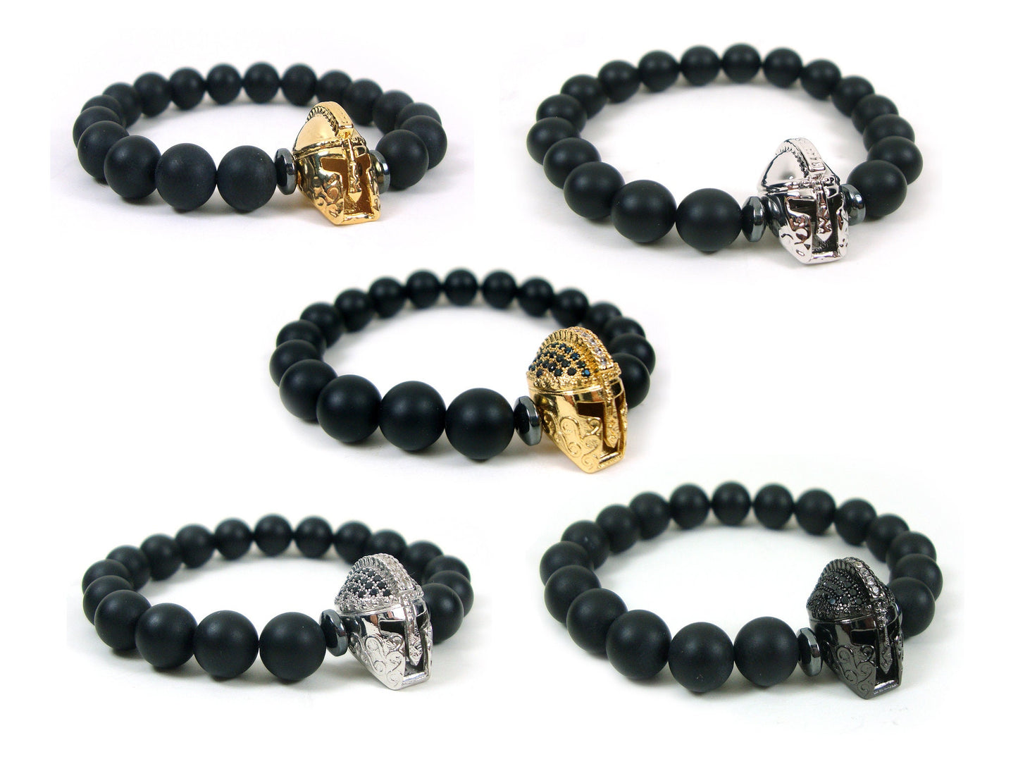 FREE SHIPPING Natural Black Matt Onyx 8mm & Ancient Greek Helmet Bracelet, Greek Spartan Helmet Bracelet, Unisex Onyx Black Stones Bracelet