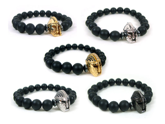 FREE SHIPPING Natural Black Matt Onyx 8mm & Ancient Greek Helmet Bracelet, Greek Spartan Helmet Bracelet, Unisex Onyx Black Stones Bracelet