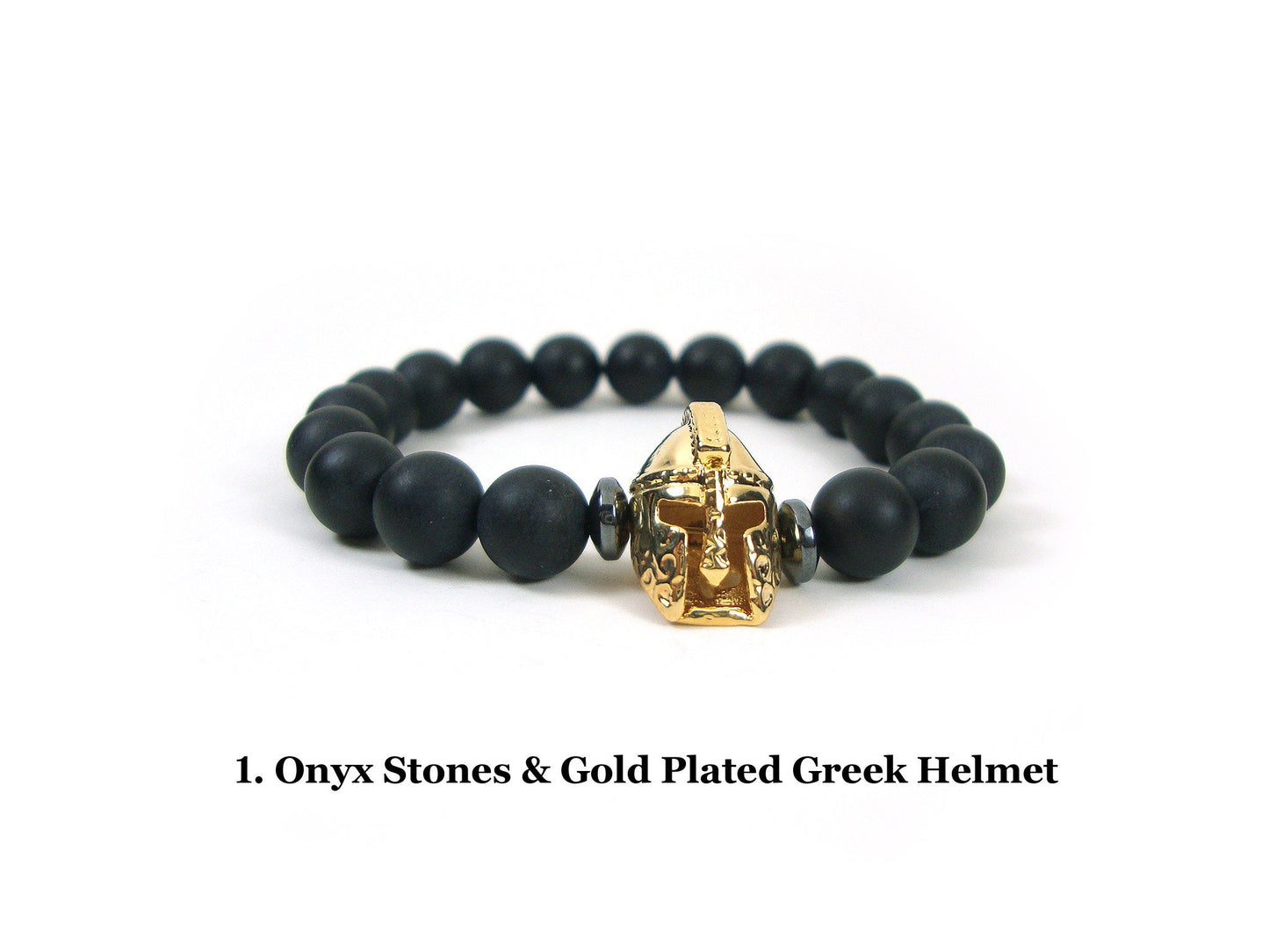 FREE SHIPPING Natural Black Matt Onyx 8mm & Ancient Greek Helmet Bracelet, Greek Spartan Helmet Bracelet, Unisex Onyx Black Stones Bracelet