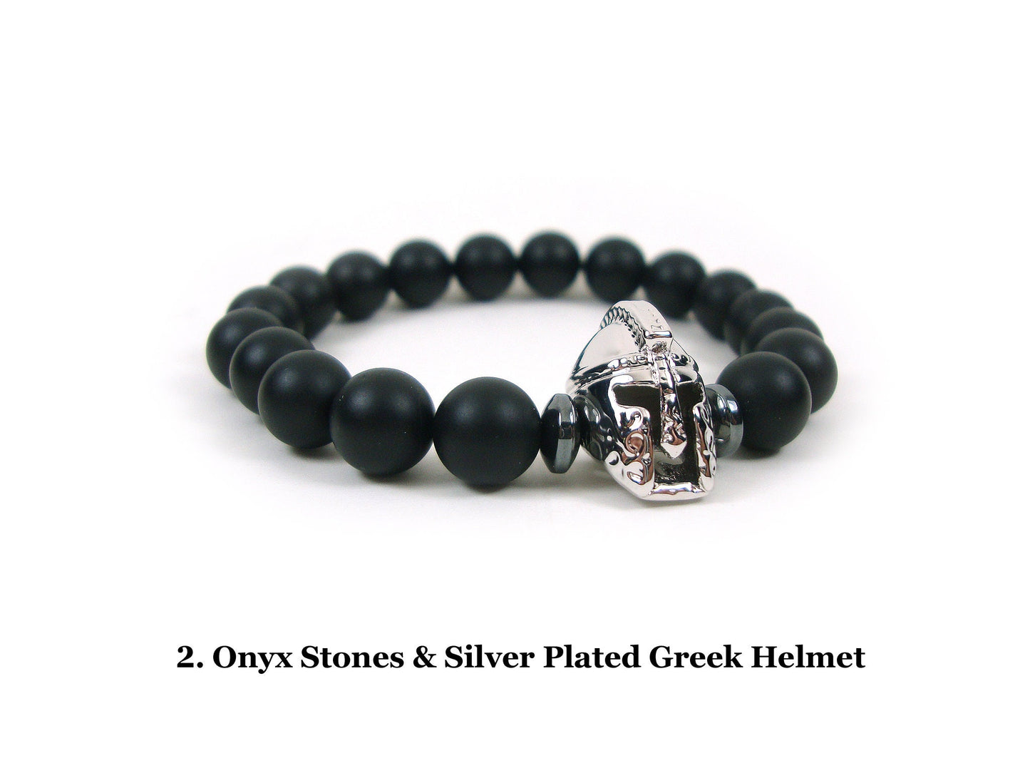 FREE SHIPPING Natural Black Matt Onyx 8mm & Ancient Greek Helmet Bracelet, Greek Spartan Helmet Bracelet, Unisex Onyx Black Stones Bracelet