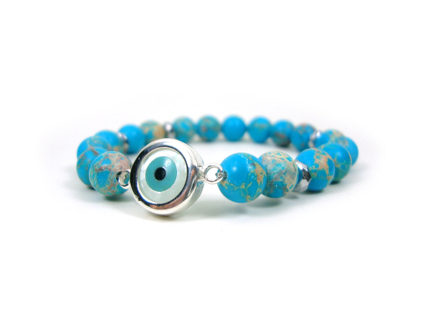 Sterling Silver 925 Evil Eye Mother Pearl - Blue Earth Agate 8mm , Greek Silver Evil Eye Men Women Bracelet, Evil Eye Bracelet, Evil Eye