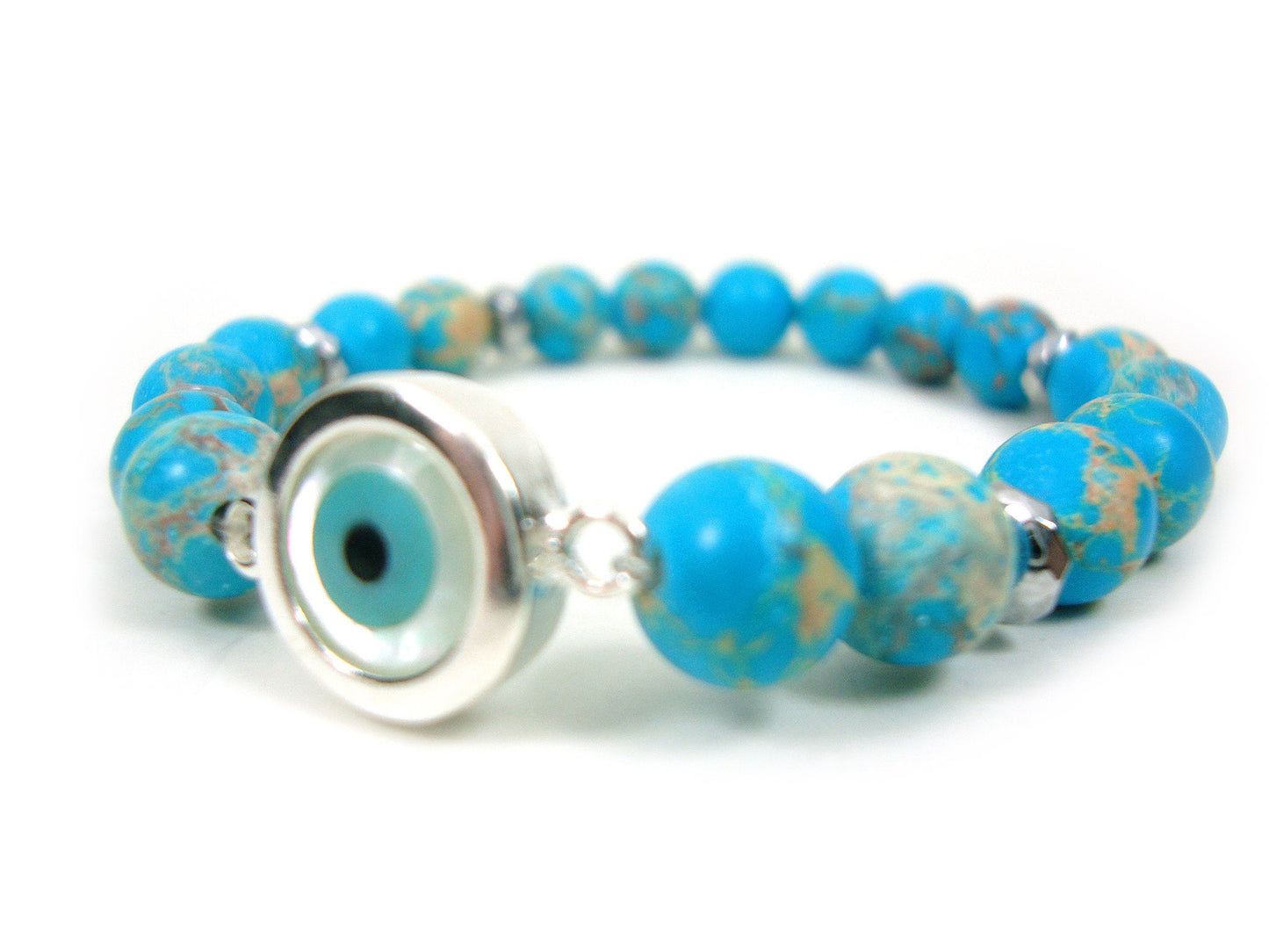 Sterling Silver 925 Evil Eye Mother Pearl - Blue Earth Agate 8mm , Greek Silver Evil Eye Men Women Bracelet, Evil Eye Bracelet, Evil Eye