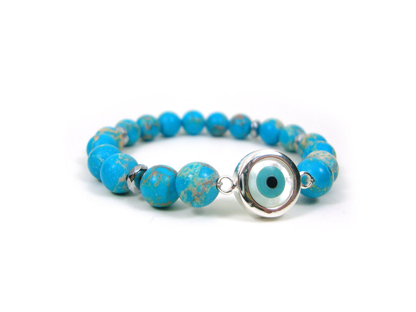 Sterling Silver 925 Evil Eye Mother Pearl - Blue Earth Agate 8mm , Greek Silver Evil Eye Men Women Bracelet, Evil Eye Bracelet, Evil Eye