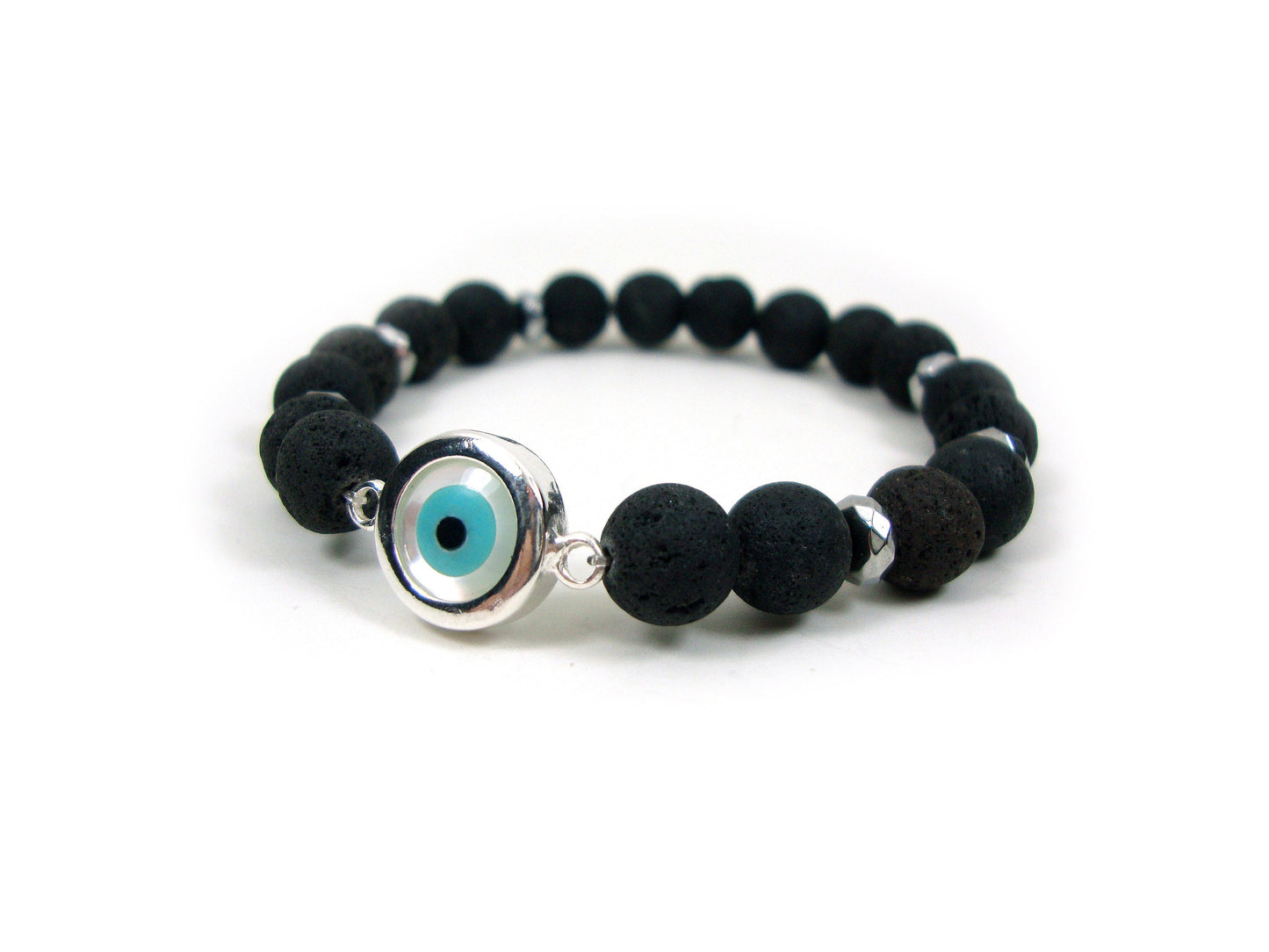 Sterling Silver 925 Evil Eye Mother Pearl - Santorini Volcanic Lava Stones 8mm , Greek Silver Evil Eye Men Women Bracelet, Evil Eye Bracelet