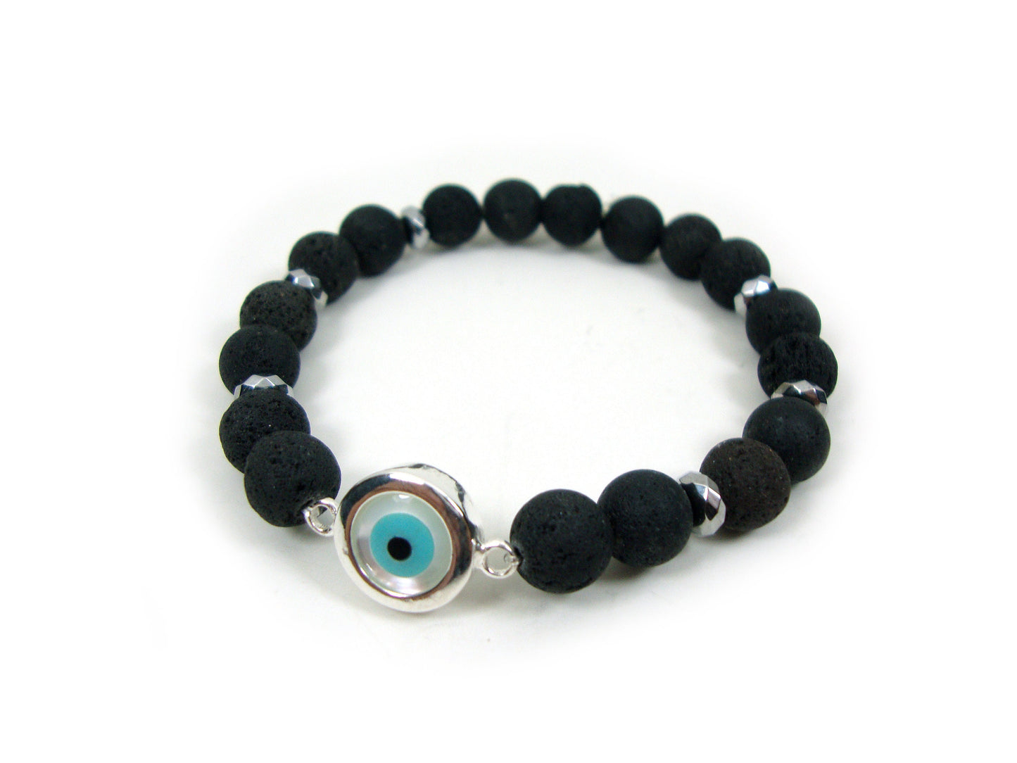Sterling Silver 925 Evil Eye Mother Pearl - Santorini Volcanic Lava Stones 8mm , Greek Silver Evil Eye Men Women Bracelet, Evil Eye Bracelet