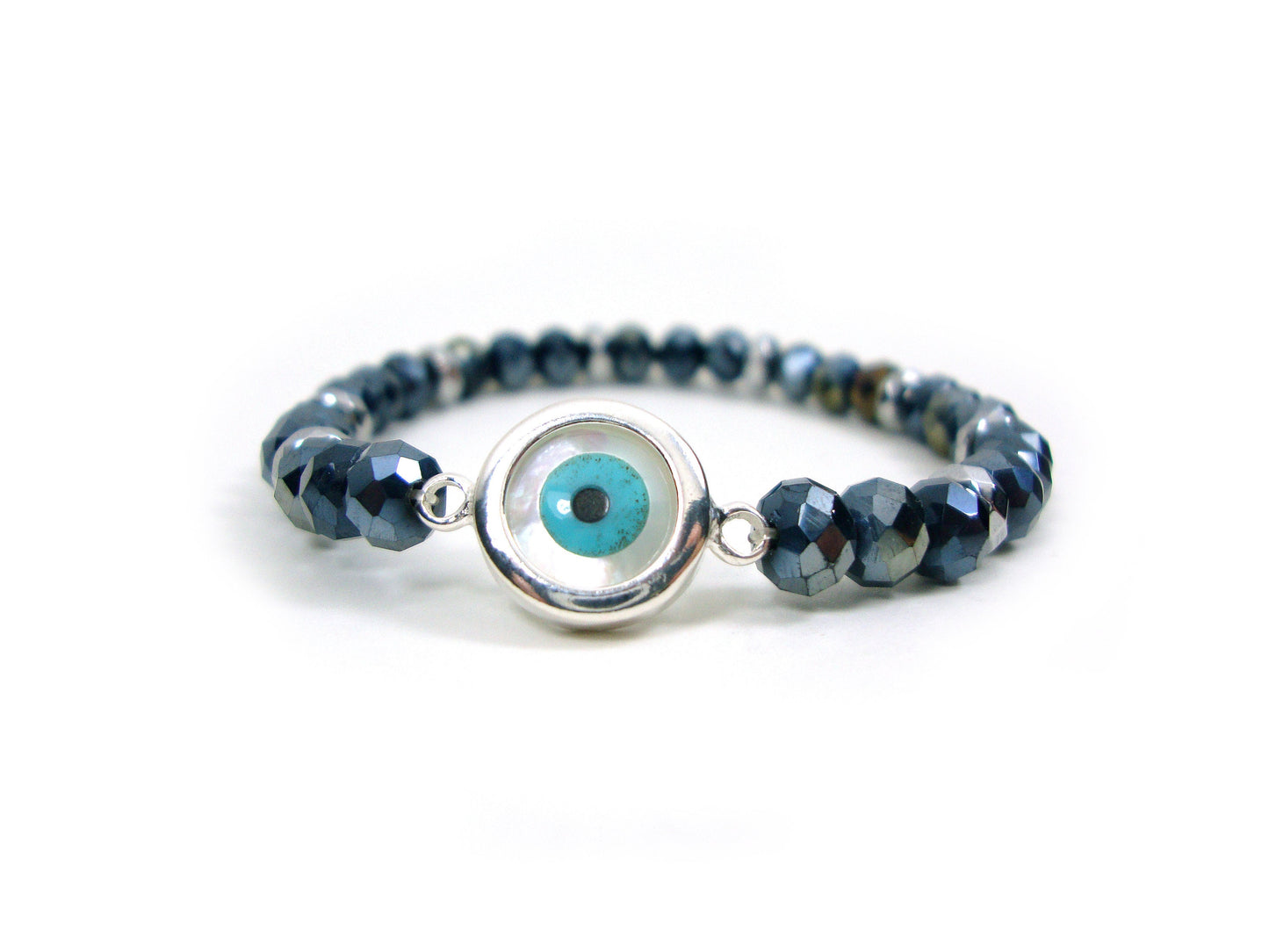Sterling Silver 925 Evil Eye Mother Pearl - Black Crystal Stones 6mm , Greek Silver Evil Eye Men Women Bracelet, Evil Eye Bracelet, Mati