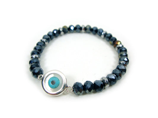 Sterling Silver 925 Evil Eye Mother Pearl - Black Crystal Stones 6mm , Greek Silver Evil Eye Men Women Bracelet, Evil Eye Bracelet, Mati